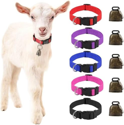 5 Pack Goat Collars with Bells, Horse Sheep Grazing Copper Bells and Adjustable Nylon Collar Set Pet Anti-Lost Loud Bronze Bell for Small Farm Animal Sheep Goat Cow Accessories (01)