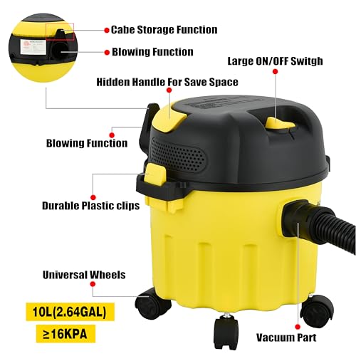 Wet-Dry Vacuum, 3-in-1 Portable Shop Vacuum Cleaner with 2 Peak HP Power Suction, Lightweight Wet Dry Vacuum with Blower & Wall Mount Design for Car, Pet Hair, Hard Floor | 3-in-1 Workshop Vacuum Cleaner, suitable for cleaning cars, removing pet hair, and