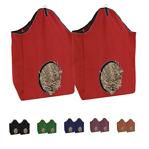 Tahoe Tack Pair of 2 Extra Wide 19" x 12" x 20" Canvas Hay Bags for Horses and Livestock Fits 3-4 Large Flakes of Hay (Red) - color: Red