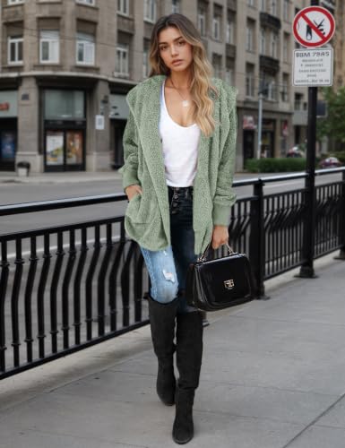 Zilcremo Women Hooded Cardigan Open Front Fuzzy Jacket - color: Beangreen, size: Medium