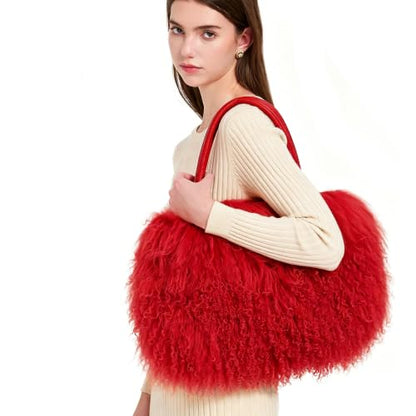 Women Luxury Real Curly Mongolian Lamb Fur Purse - color: Red
