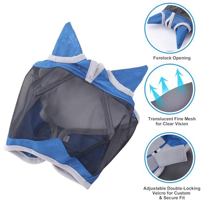 Horse Fly Mask with Ears, Breathable Fine Mesh Royal Blue Cob - color: Royal Blue, size: Cob