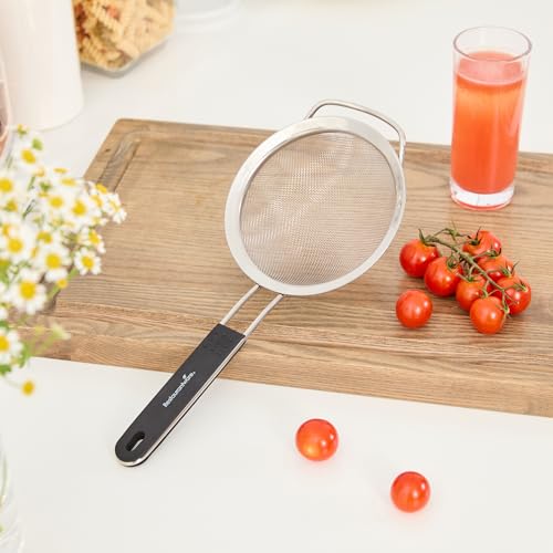 Restaurantware Fine Mesh Strainer 1 Count 12.6" x 5.5" x 2.3" with Silicone Handle Stainless Steel Extra Fine Mesh Strainer Heat-Resistant Handle Dishwasher-Safe for Rice, Quinoa, Pasta - size: Standard, Extra Fine Mesh-5 1/2"