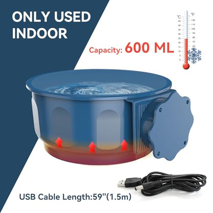 Small Heated Pet Water Bowl Indoor, 0.6L Winter Heating Water Bowl with USB Cable, Food Thermal Dish for Small Dogs Cats Rabbits, Hangable, Blue - size: 0.6L