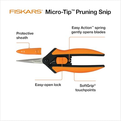 Fiskars 6" Steel Micro-Tip Pruning Scissors, Garden Snips for Small Plants | For Flower Stems, Herbs & Buds, Blades Stay Sharp, Easy Action Spring Reduces Hand Fatigue, Trimmer w/ SoftGrip Handle - style: Snips