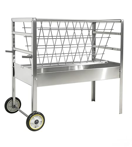 Portable Goat Feeder – Rolling Galvanized Steel Frame, 2 in 1 Hay & Grain Feeder, 30 Lb Unit Weight, Livestock Feeder with Wheels, Great for Sheep, Alpaca & Cattle