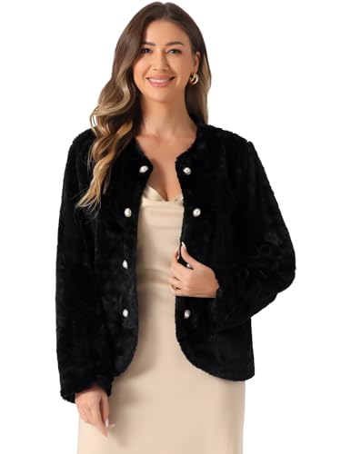 Allegra K Winter Faux Fur Coat Jacket for Women Long Sleeve Pockets Pearl Button Fluffy Cropped Cardigan Outerwear - color: Black, size: Large