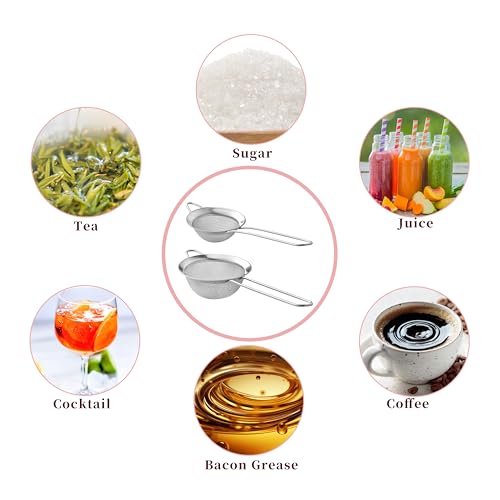 2 Pack Fine Mesh Strainers, Mini Stainless Steel Strainer with Handle for Kitchen, Metal Sieve Sifters for Straining Tea, Matcha, Cocktail, Juice and Coffee (8.6in 7.5in)