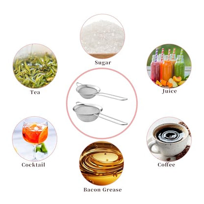 2 Pack Fine Mesh Strainers, Mini Stainless Steel Strainer with Handle for Kitchen, Metal Sieve Sifters for Straining Tea, Matcha, Cocktail, Juice and Coffee (8.6in 7.5in)