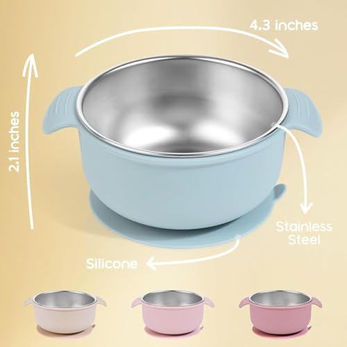 Bella's Friends Life Baby Bowls with Suction Stainless Steel and Silicone, 4.3” for Toddlers Kids Feeding, Non-Slip, Non-Toxic, Mess-Free, Dishwasher Safe, Fit High Chair Size, 3 Pack - color: light pink, beige, pink