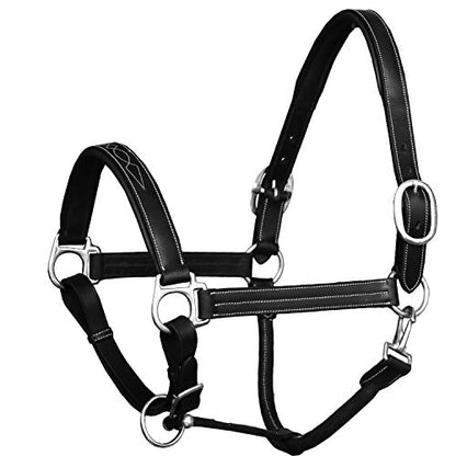 Leather Horse Halter with Fancy Stitching | Black & Brown Padded Halter with Silver Brass Hardware | Quick-Release Snap | Adjustable Leather Halter – Cob, Full, Over, Pony Sizes - color: Black, size: Pony/ Small Size