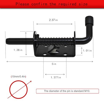 2PCS Spring Loaded Latch pin,Spring gate Latch with Screws [ 2mm (0.08in) Thick, pin Diameter 10mm(0.4in), Length 12.7mm(5in) ],Barrel Bolt latches,Door pin Lock ,Trailer ramp latches - size: 2*Alloy-M10*5in-black