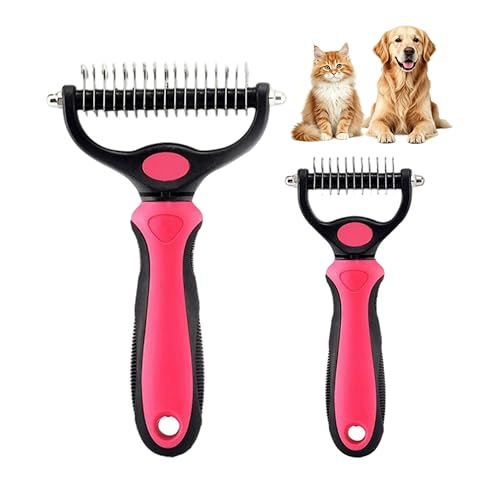 Dematting Comb for Dogs and Cats, Undercoat Rake Pet Brush for Long Hair, Deshedding Dog Brush Removes Tangles Knots and Loose Fur, Grooming Tool for Thick Coats (Pink M+L) - color: Pink M+L