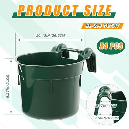 Reallnaive 4 Pcs 8.5 Quart Hook Over Horse Feed Bucket, Hanging Plastic Livestock Animals Feed Bucket for Stall, Mountable Round Horse Goats Feeder for Feeding and Watering Supplies