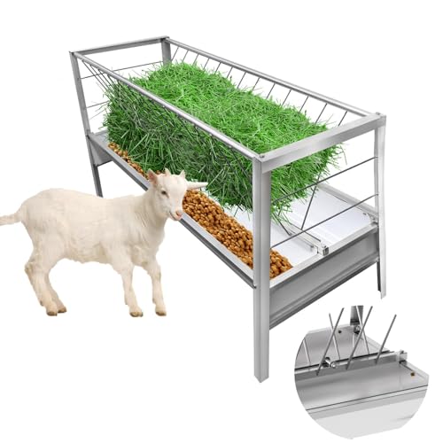 Goat Feeder 2 in 1 Hay Feeder System, 55 Gallon Goat Hay Feeder with 22 Gal Grain Pan, Heavy-Duty Livestock Hay Feeder for Pasture Use (Galvanizing, 1)