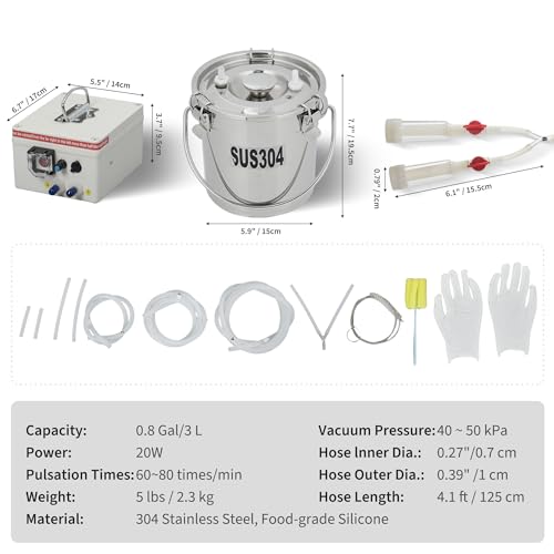 Garvee 3L Goat Milking Machine, Electric Automatic Pulsation Vacuum Milker with 304 Stainless Steel Bucket, Adjustable Suction, Portable Milker with Food-Grade Silicone Cups and Tubes for Goat - size: 3L
