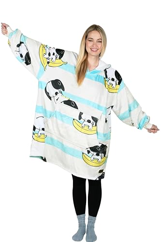 Catalonia Oversized Blanket Hoodie, Banana Dog Fleece Wearable Blanket - color: Banana Dog White
