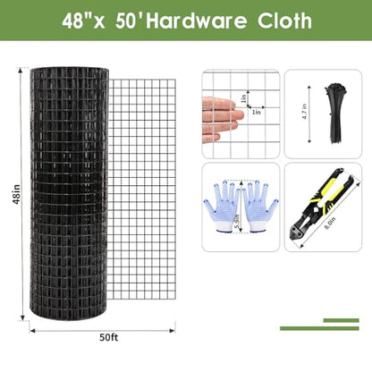 Tongmo 48" x 50' Black Hardware Cloth, 1inch Mesh Chicken Wire Fence, 19 Gauge Vinyl Coated Wire Poultry Net and Welded Wire Roll