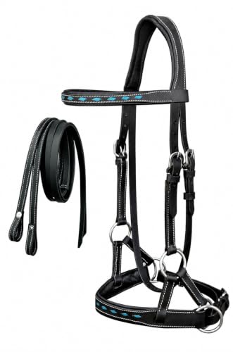 CHALLENGER Leather Turquoise BuckStitch Bitless Sidepull Bridle Reins 7714 - color: Black/Turquoise, size: Cob Size
