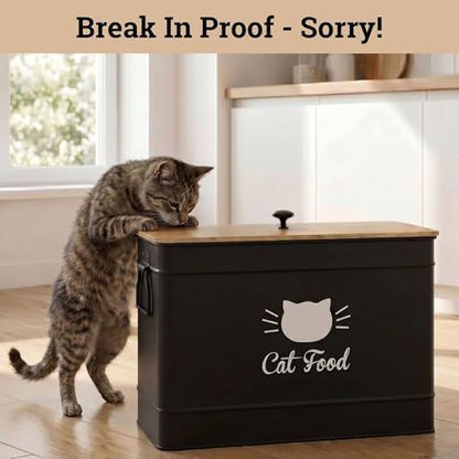 Metal Cat Food Container with Scoop, 15lb (50 Cup) w/ Airtight Bamboo Lid - color: Black