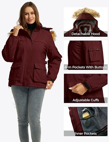 Wantdo Women's Waterproof Ski Jacket Windproof Winter Snow Coat Mountain Snowboarding Jackets Outdoor Fleece Parka - color: Wine Red, size: Large