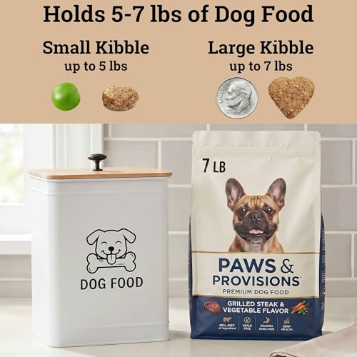 Metal Dog Food Container 5-7lb, 25 Cup w/ Airtight Bamboo Lid, Metal Handle - color: White: Dog Face