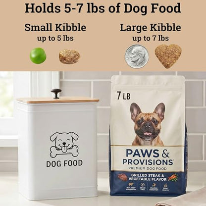 Metal Dog Food Container 5-7lb, 25 Cup w/ Airtight Bamboo Lid, Metal Handle - color: White: Dog Face