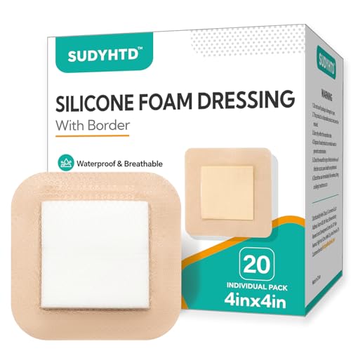 20 Pack Silicone Foam Dressing 4"x4" Gentle Border, Waterproof Silicone Bandages for Wounds Care, Super Absorbent Wound Dressing, Bed Sore Patches, Self Adhesive Pressure Sore Pads