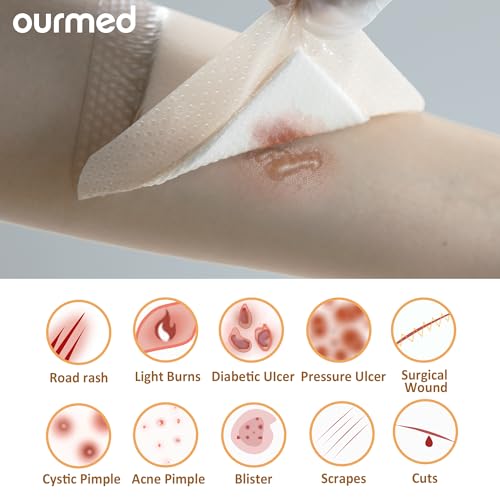 Ourmed Silicone Foam Dressings(4"x 8" - 10 Packs) with Tender Adhesive Border, Sterile Advanced Absorbent Bandage, Wound Care for Bed Sores, Pressure Ulcers, Foot Diabetic Ulcer - size: 4"x 8" (10 Packs)
