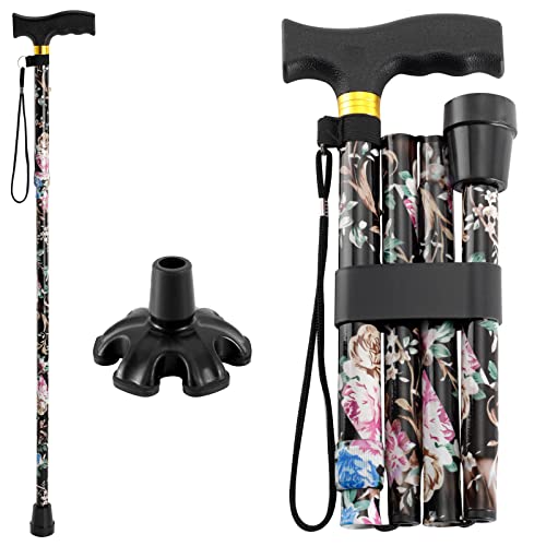 Walking Cane PANZHENG Cane for Man/Woman | Mobility & Daily Living Aids | 5-Level Height Adjustable Walking Stick | Comfortable Plastic T-Handle Portable Walking Stick Folding Cane - color: Cane-Black print