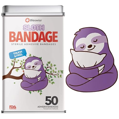 BioSwiss Bandages, Sloth Shaped Self Adhesive Bandage Set, Latex Free, Sterile Wound Care, 50 Count - size: 50-Count Tin, style: Sloth