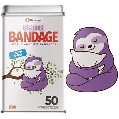 BioSwiss Bandages, Sloth Shaped Self Adhesive Bandage Set, Latex Free, Sterile Wound Care, 50 Count - size: 50-Count Tin, style: Sloth