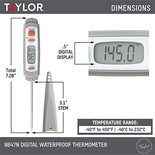 Taylor 9847 Waterproof Digital Instant Read Meat Food Grill BBQ Kitchen Cooking Thermometer, Comes with Sleeve Extender and Lanyard - color: Gray
