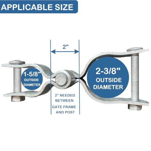 2 Pack 1-5/8" x 2-3/8" Chain Link Fence Gate Hinge Kit, Galvanized Steel Gate Hinges, Heavy Duty with 2 PCS 1-5/8" Frame Hinge and 2 PCS 2-3/8" Post Hinge, Bolts & Nuts Included - size: 1-5/8" x 2-3/8"