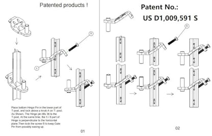 T-Post Gate Hinge Pins - Heavy Duty Gate Hanger, Hang a gate from a Metal T Post, Steel Gate Hinges Target Hanger for Farm Gate, Garden & Backyard Gate, Easy to Install. (Patent)