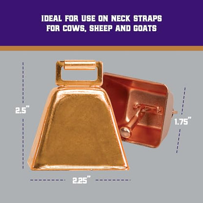 Weaver Livestock Copper-Plated Small Cow Bell, Robust Herd Tracking Loud Bell, Lightweight Goat Bells for Cow, Goat, and Sheep, 1.75” x 2.25” x 2.5” (Pack of 2) - size: 2.5x2.25x1.75 Inch (Pack of 2)
