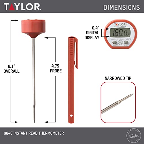 Taylor Instant Read Digital Meat Food Grill BBQ Cooking Kitchen Thermometer, Comes with Pocket Sleeve Clip, Red - style: Instant Read Pocket Thermometer