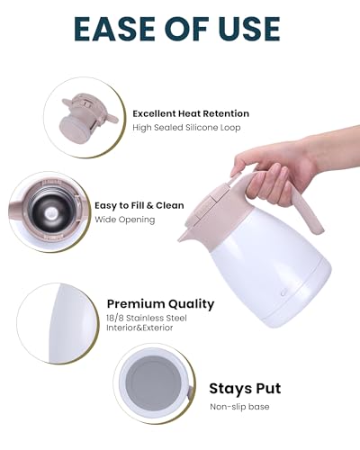 GiNT 1L / 34Oz Thermal Coffee Carafe, Insulated Stainless Steel Coffee Carafes for Keeping Hot/Double Walled Vacuum Thermal Carafe (White) - color: White, size: 34 Ounces