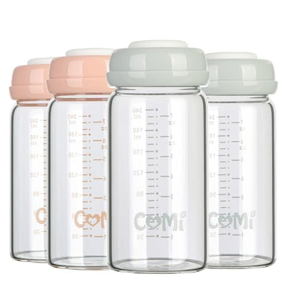 COMI Wide Neck Glass Breastmilk Collection n Storage Bottle, 4 Packs, 8oz with Screw Ring Sealing Disk; Re-markable Sealing Disc. BPA Free, Fits Breast Pumps & Nipples (2 Gray Lids + 2 Pink Lids) - style: 240ml 2PINK+2GRAY