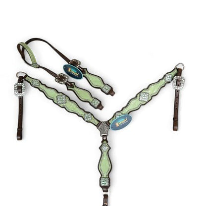 Western Leather Headstall & Breast Collar Set for Horses - Valentine’s Day Silver Metallic Cowhide with Rhinestones - color: Lime Green