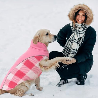 Kuoser Dog Winter Coat, Reversible Waterproof Dog Jacket with Reflective Strip, Warm Dogs Fleece Vest Adjustable Doggy Cold Weather Clothes Plaid Christmas Outfit Pet Apparel for Large Dogs, Pink L - color: Pink, size: Large (Chest Girth: 20.9-24.4'' )