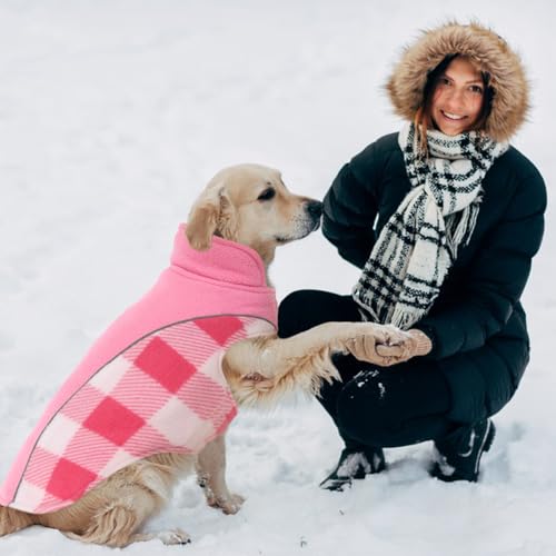 Kuoser Dog Winter Coat, Reversible Waterproof Dog Jacket with Reflective Strip, Warm Dogs Fleece Vest Adjustable Doggy Cold Weather Clothes Plaid Christmas Outfit Pet Apparel for Medium Dogs, Pink M - color: Pink, size: Medium (Chest Girth: 17.3-20.9'' )
