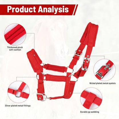 Adjustable Horse Halter with Polar Fleece Lined, Red, Durable PP Webbing, Nickel Plated Metal Hardware, Prevents Rubs, Adjustable Fit - color: Red, size: Small