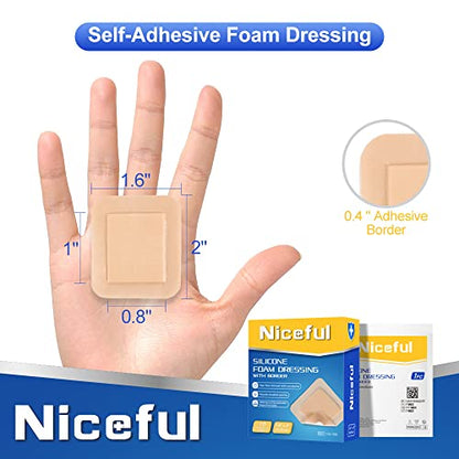 Niceful 10 Count Silicone Foam Dressing 1.6" x 2", Wound Dressing for Minor Surgical Incisions, Abrasions, Absorbent Silicone Bandages for Sensitive Skin, Small Bed Sore Bandages (Pack of 2) - size: 1.6x2 Inch (10 Pcs) (Pack of 2)