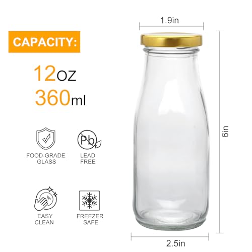QAPPDA 12 oz Glass Bottles, Clear Glass Milk Bottles with Gold Lids, - color: Gold Lid
