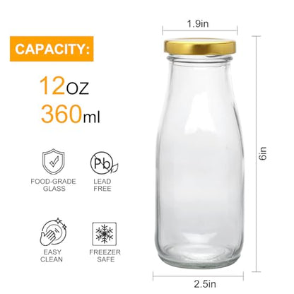 QAPPDA 12 oz Glass Bottles, Clear Glass Milk Bottles with Gold Lids, - color: Gold Lid