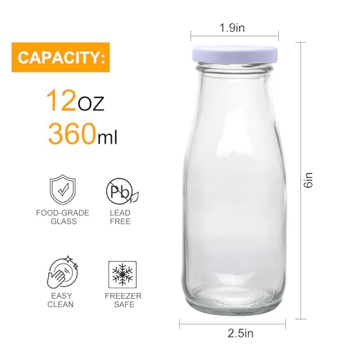 QAPPDA 6 Pack 12 oz Glass Bottles, Clear Glass Milk Bottles with White Lids - color: White Lid