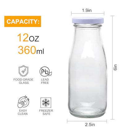QAPPDA 6 Pack 12 oz Glass Bottles, Clear Glass Milk Bottles with White Lids - color: White Lid