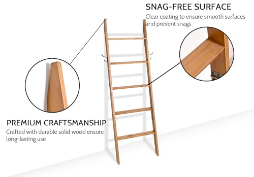 FUIN Blanket Ladder, 58in Rustic Solid Wood with Side Hangers Decor Rack