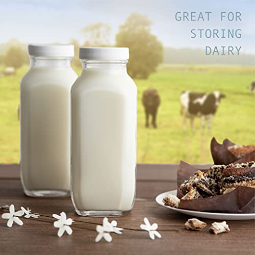 kitchentoolz 16oz Glass Milk Bottles with Lids – 16 oz Reusable Glass Bottles for Milk, Creamer, Juice, Smoothies, Kefir & Yogurt – Airtight Square Drinking Jars for Lunch Box & Fridge – 4 Pack - color: 16oz, style: 4 Pack